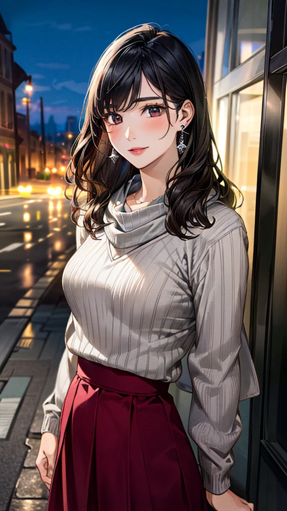 (masterpiece:1.3, Highest quality, Ultra-high resolution, Super detailed), (Realistic, photoRealistic:1.4), Beautiful illustrations, Perfect lighting, colorful, Depth of written boundary, 
Beautiful detailed hair, Beautifully detailed face, Beautiful fine details, Beautiful clavicle, Beautiful body, 美しいLarge Breasts, Beautiful thighs, Beautiful feet, Beautiful fingers, 
View Viewer、Front view:0.6, Beauty1人, Japanese, Beauty、30 years old, Perfect Face, (Perfect ???????, Anatomically correct), Cute and symmetrical face, Baby Face, , Shiny skin, 
(Large grey scarf:1.4)、((Bordeaux sweater:1.40)),((Brown long skirt 1.50))
(Black Hair, Short Wavy Hair:1.4),  Dark brown eyes, (Large Breasts), Slim body, 
necklace, (Small earrings:1.3), 
(Beautiful views), (night), (city, cityscape in the distance), Standing with good posture, A soft smile、(Smile, Lips parted), 