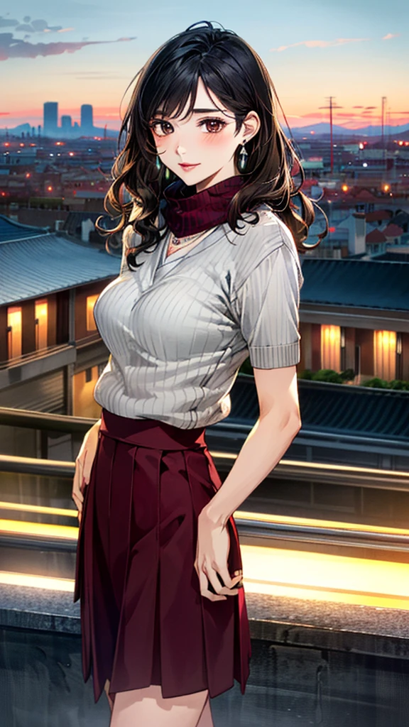 (masterpiece:1.3, Highest quality, Ultra-high resolution, Super detailed), (Realistic, photoRealistic:1.4), Beautiful illustrations, Perfect lighting, colorful, Depth of written boundary, 
Beautiful detailed hair, Beautifully detailed face, Beautiful fine details, Beautiful clavicle, Beautiful body, 美しいLarge Breasts, Beautiful thighs, Beautiful feet, Beautiful fingers, 
View Viewer、Front view:0.6, Beauty1人, Japanese, Beauty、30 years old, Perfect Face, (Perfect Anatomy, Anatomically correct), Cute and symmetrical face, Baby Face, , Shiny skin, 
(Large grey scarf:1.4)、((Bordeaux sweater:1.40)),((Brown long skirt 1.50))
(Black Hair, Short Wavy Hair:1.4),  Dark brown eyes, (Large Breasts), Slim body, 
necklace, (Small earrings:1.3), 
(Beautiful views), (night), (city, cityscape in the distance), Standing with good posture, A soft smile、(Smile, Lips parted), 
