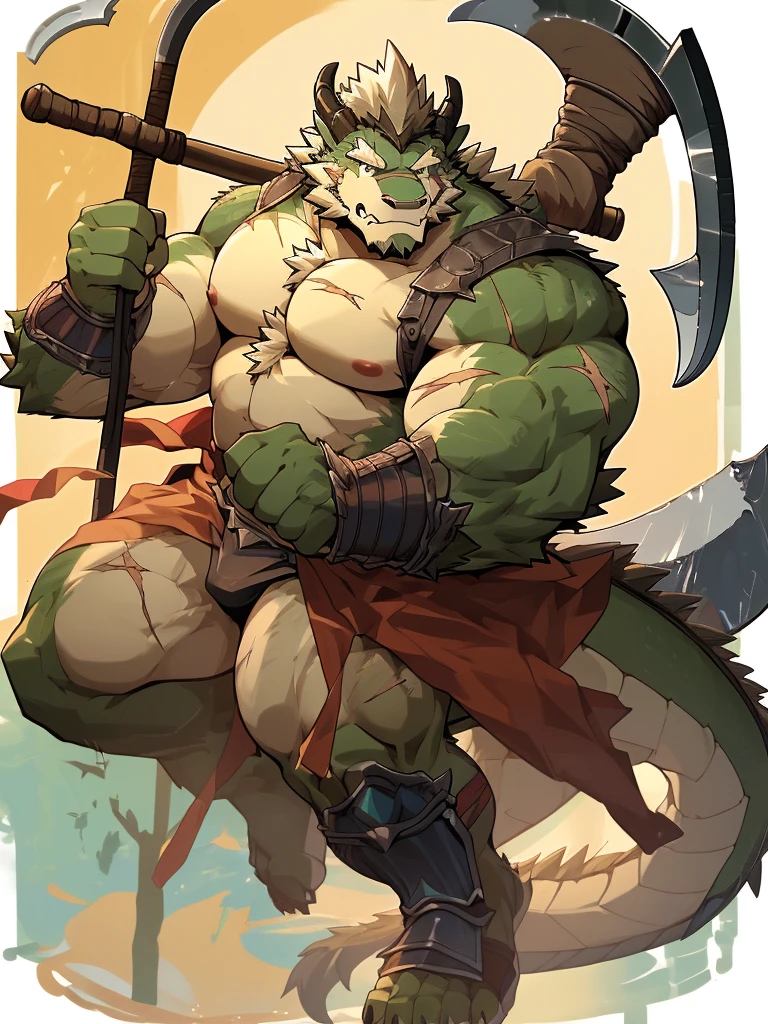 a furry eastern dragon, long whisker, green fur, bare chest, big chest, big build, warrior waist armor, sandal, ((eastern dragon), ((green dragon)), ((waist armor)), furry art, full body, mature, tall, daddy, muscular, rounded face, ((no coat)), ((berserker)), scar body, (scar), bare body, many scars on body, scar face, long beard, very muscular, beefy body, (((bare chest))), (((large pecs))), (((hold a great axe))), action pose