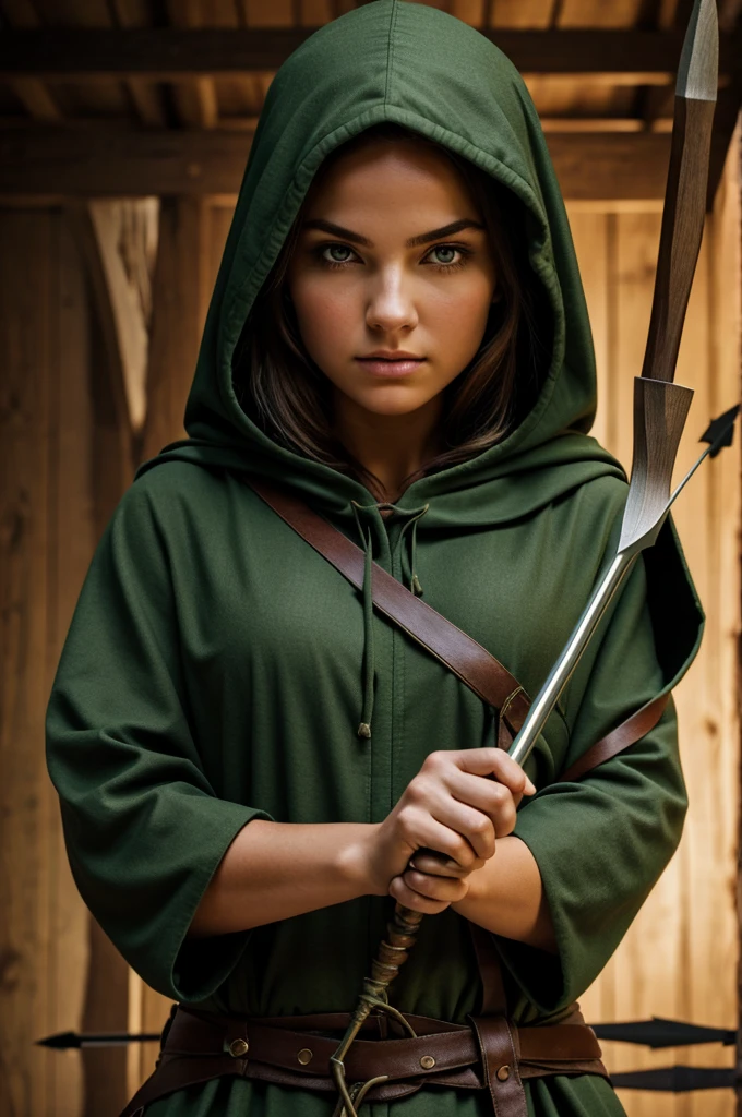 Hunter, female faces us, head covered with the hood of her green medieval cloak, bow held in her left hand arrow pulled back with her right hand, an intense focus in her stare down the arrow shaft