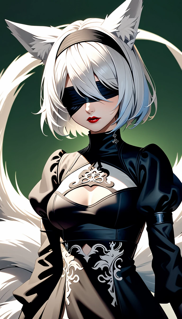 One girl, Wow, (Blindfold), chest, chestの谷間, chestの谷間 cutout, Dress cutout, Green background, Hair between the eyes, head band, High resolution, Juliet Sleeve, Long sleeve, Nier (series), Nier automata, Fluffy sleeves, Red lips, Shadow Face, short hair, alone, Turtleneck sweater, Upper Body, l Blue hair, null, White fox ears, White fox tail, nine tailed fox,