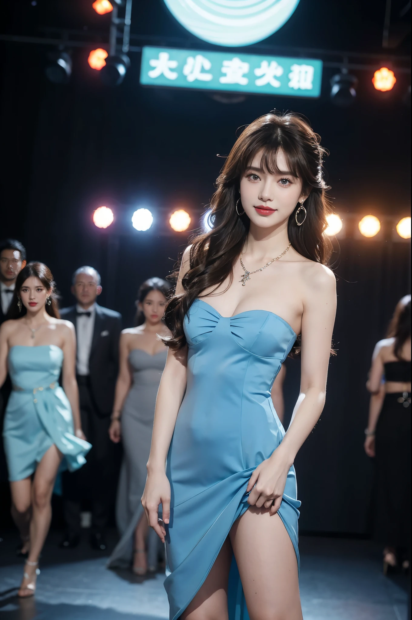 1girl,bangs,bare shoulders,strapless blue dress,detailed background,brown eyes,brown hair,,blue dress,earrings,necklace,full body,jewelry,flat chest,long hair,looking at viewer,makeup,night sc,red lips,signature,smile,solo,standing,thighs,slender legs,high heels,On the T-stage,catwalk,fashion show,Surrounded by crowded crowds on both sides of the stage,neon lights
