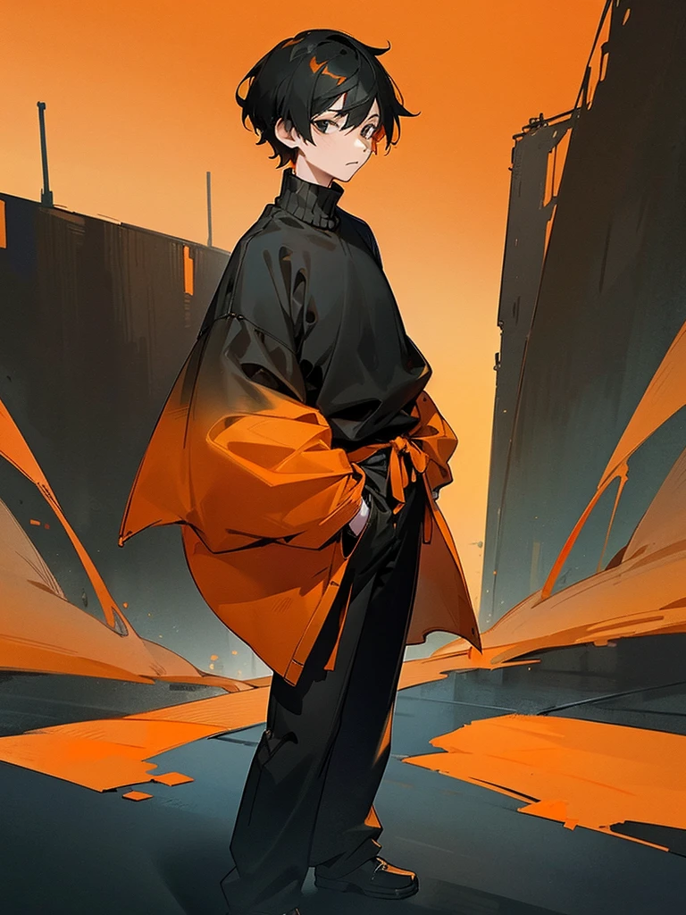 1male, short hair, black hair, orange hair, two tone hair, oumbre hair, black eyes, orange and black gradient baggy sweater, black pants, city background, detailed background, standing on path, hands to side, expressionless