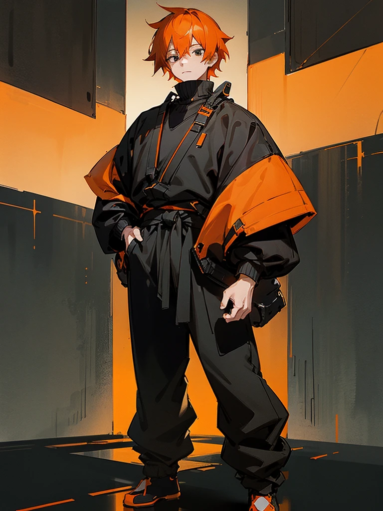 1male, short hair, black hair, orange hair, two tone hair, oumbre hair, black eyes, orange and black gradient baggy sweater, black pants, city background, detailed background, standing on path, hands to side, expressionless