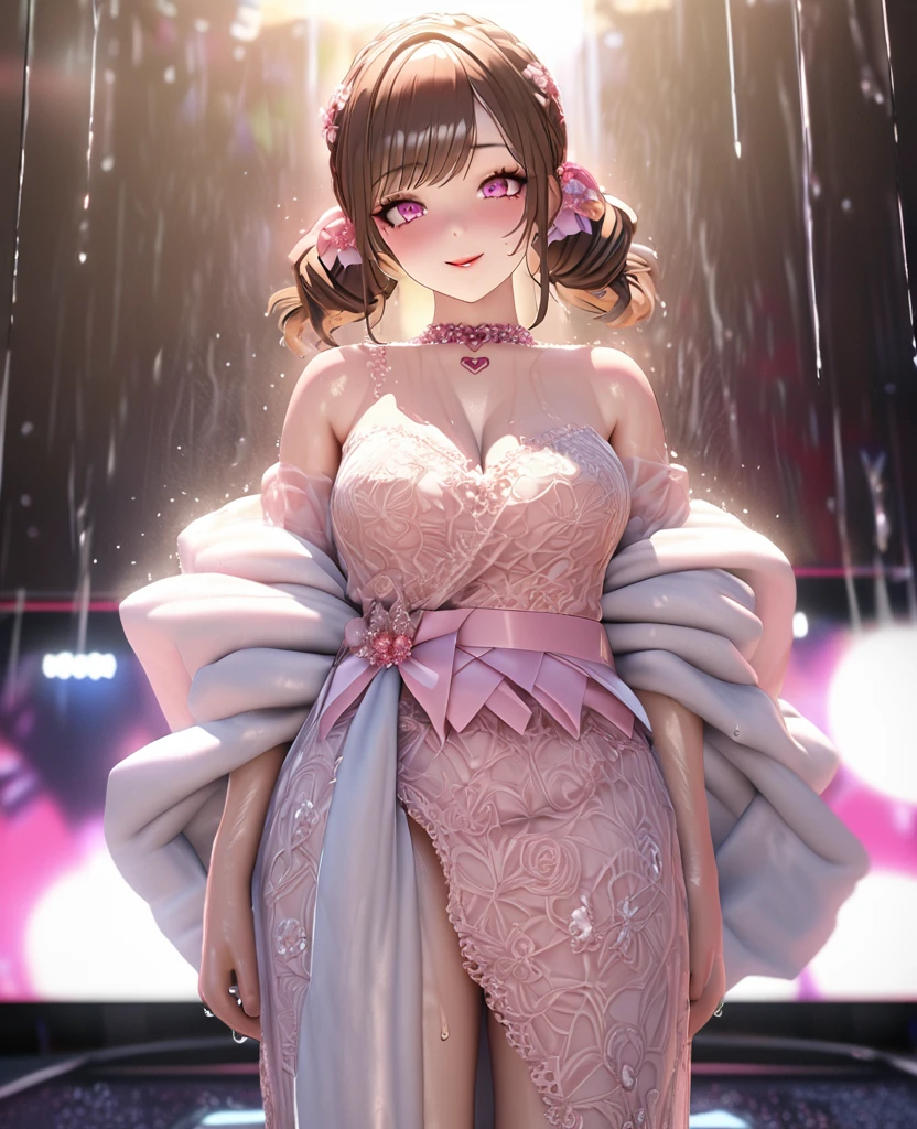 One Girl、Looking at the audience、lovely,
Beautiful pink eyes、short twin tail hair , Mole under the eye、Plump and glossy lips、Heart-shaped choca、Idol、Her name is Rico,smile、ー、。.。.。.。.。.。.。.。.。.。.。.。.。.。.。.。.。.。.3D、Realistic、
The idol's costume was soaked in the heavy rain, and her chest was wet and transparent.Heavy rain at outdoor concert, Drape clothes、gem、The decoration has been removed、Floral、Lace trim,On a glittering stage、
masterpiece、highest quality、8k、Detailed skin texture、Detailed cloth texture、Beautifully detailed face、Intricate details、Very detailed、
超A high resolution、8k Ultra HD、Film Grain、Best Shadow、delicate、Gazing at the audience、front