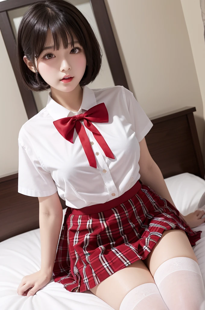 Black short hair、Medium breast、White panties with red ribbon、No shoes、Short sleeve、White Shirt、Checkered red bow tie、Checkered red skirt、Black high socks、On the bed