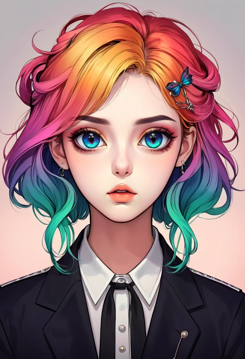 Cute digital illustration，Anime style girl portrait，Solitary，symmetry，Gradient hair，Big colorful eyes，Exquisite facial features，Exquisite makeup，Beautiful hairstyle，Hairpin