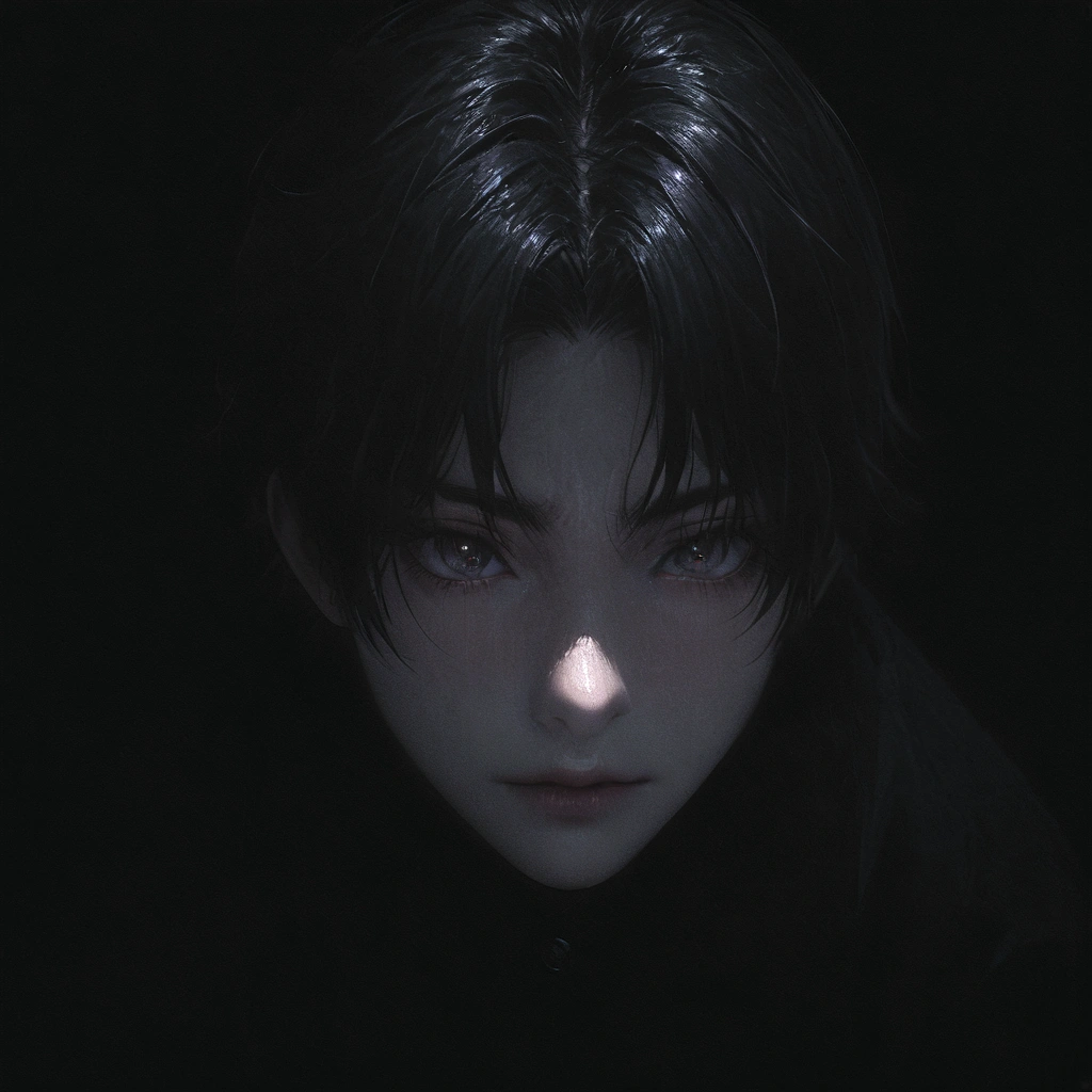 Center-parted bangs、Wolf cut boy、Black Hair、Dark Eyes、Illness、Fall into Darkness