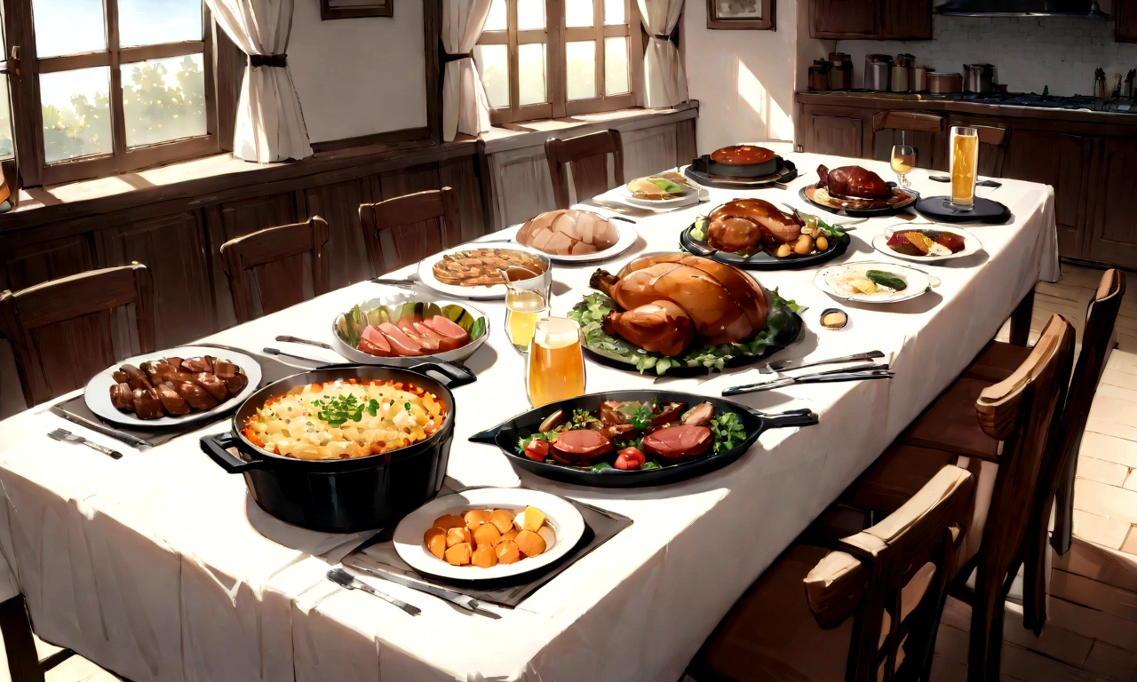 ((((masterpiece, Best Quality, High resolution)))), High detail, manga，anime，Illustrated style，Use of bright colors， Rectangular Dining Table,White tablecloth，White tableclothがかけられたテーブルに載せられている料理のアップ,The table top fills the entire screen, In the center of the screen, a large selection of food is displayed on a table.,A sumptuous dinner on the table，wine，Beer ，Meat dishes，Food and tableware for six, The evening sunlight is streaming in through the window、A sparkling drink in the sunlight, No humans， RPG-like scenery, テーブルの上にはBeer やwineや美味しそうな食べ物が載せられている, Create a magical and cozy atmosphere, Bright daytime atmosphere.