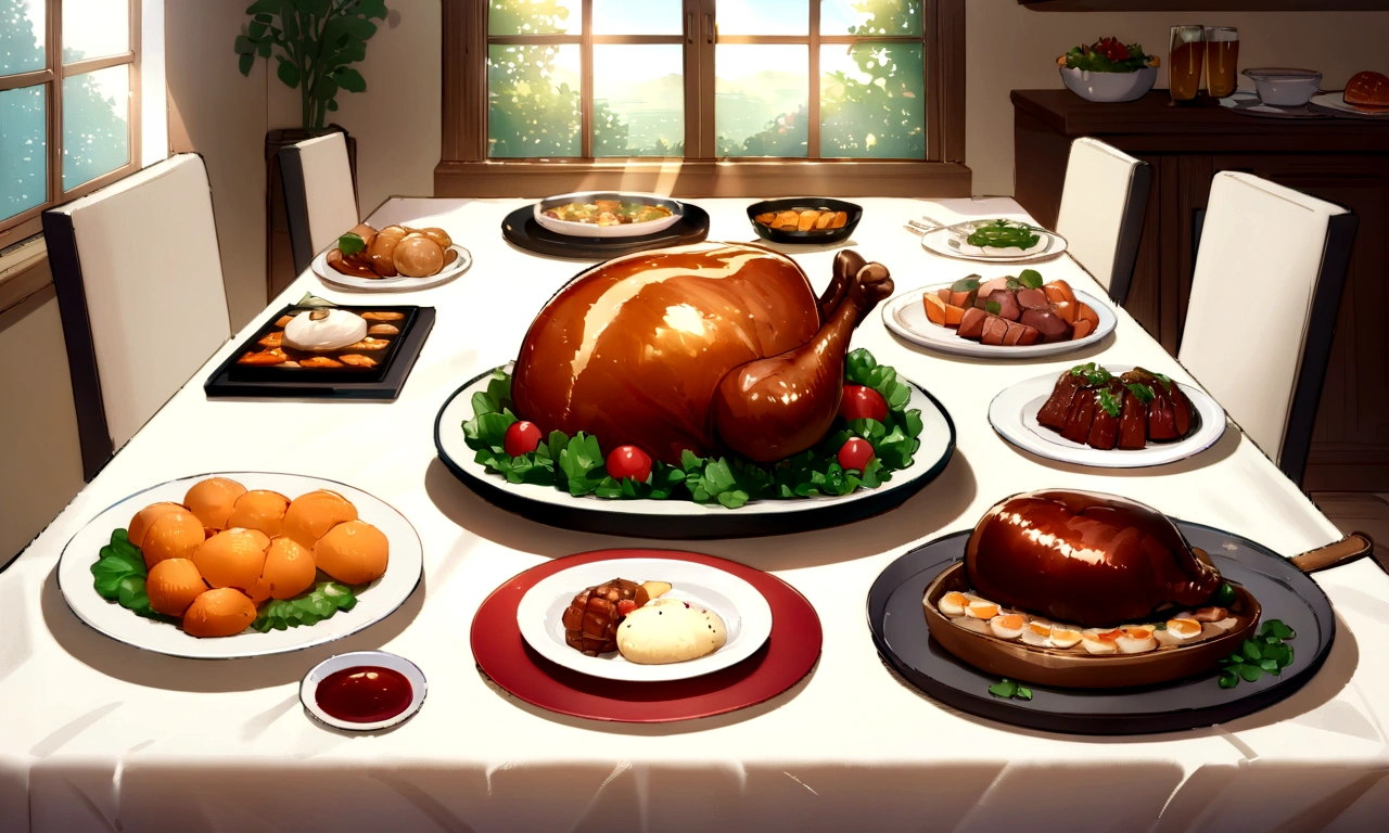 ((((masterpiece, Best Quality, High resolution)))), High detail, manga，anime，Illustrated style，Use of bright colors， Rectangular Dining Table,White tablecloth，White tableclothがかけられたテーブルに載せられている料理のアップ,The table top fills the entire screen, In the center of the screen, a large selection of food is displayed on a table.,A sumptuous dinner on the table，wine，Beer ，Meat dishes，Food and tableware for six, The evening sunlight is streaming in through the window、A sparkling drink in the sunlight, No humans， RPG-like scenery, テーブルの上にはBeer やwineや美味しそうな食べ物が載せられている, Create a magical and cozy atmosphere, Bright daytime atmosphere.