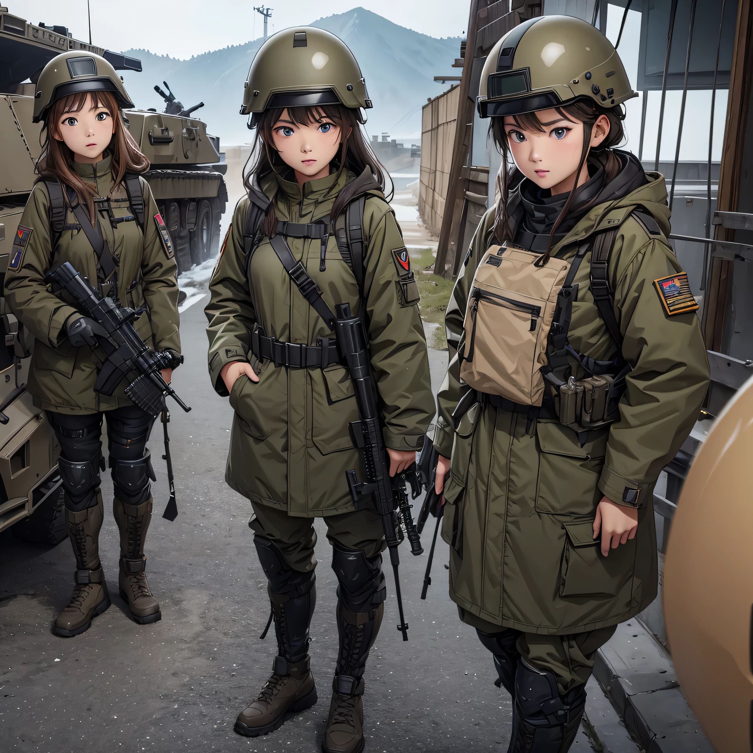First-person perspective、Four female soldiers wearing helmets、Wear a dark brown parka、Individual equipment set、front、Standing guard、Military base、Write details、masterpiece、best quality、Highly detailed CG、8K picture quality