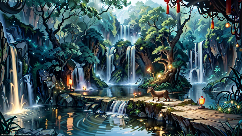 Chinese ancient times, spring, jungle, lake, cave, waterfall, tree, meadow, rock, deer, hot spring, water vapor, (illustration: 1.0), epic composition, realistic lighting, HD details, masterpiece, best quality, (very detailed CG unified 8k wallpaper)