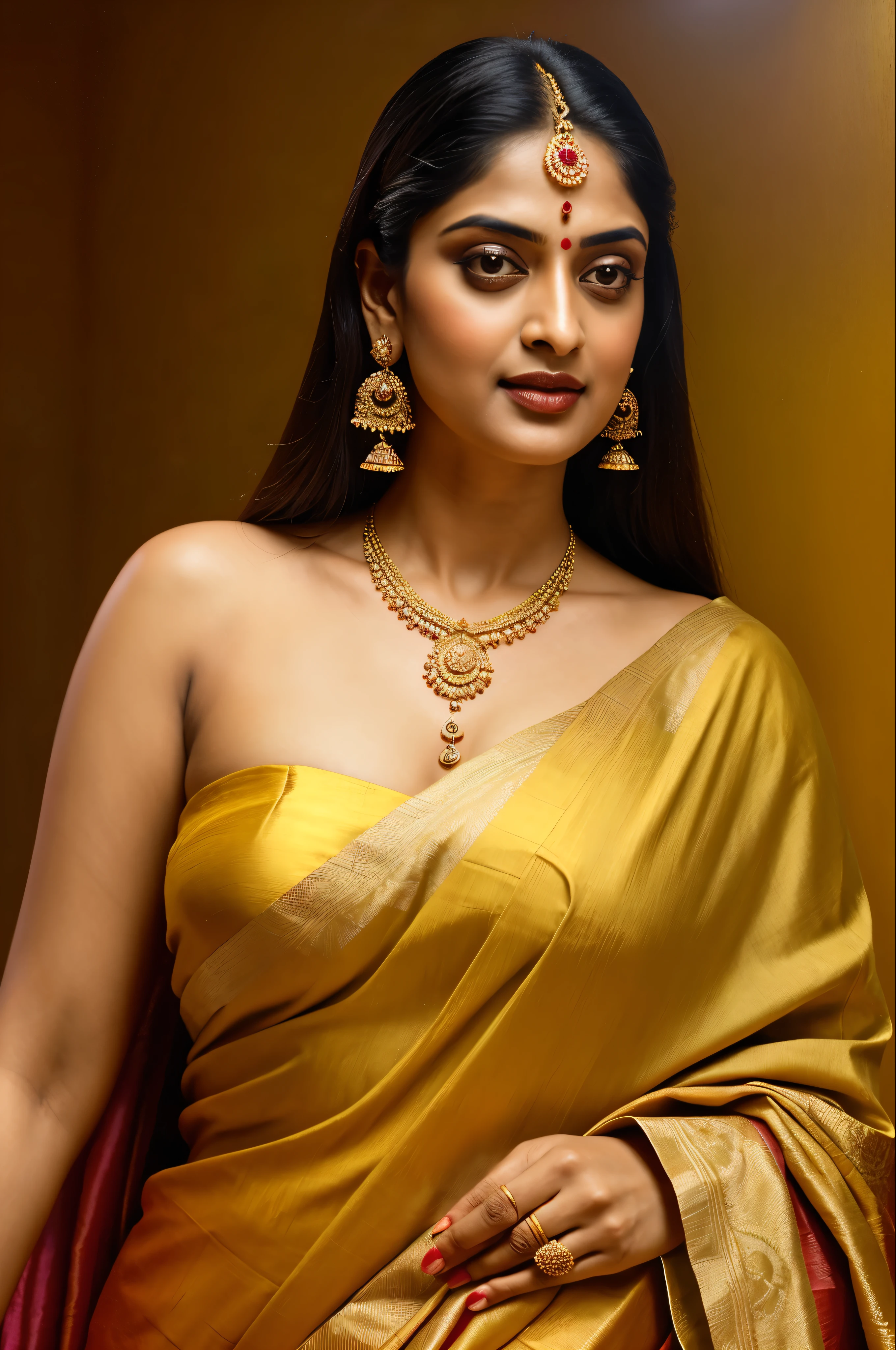 Beautiful painting of a woman in a sari with a necklace and earrings, looks like Sandeepa Dhar, inspired by Raja Ravi Varma, szukalski ravi varma, portrait of a beautiful goddess, by Raja Ravi Varma, indian goddess, traditional beauty, a stunning portrait of a goddess, inspired by T. K. Padmini, indian art, indian goddess of wealth, portrait of a goddess, bulky figure, fleshy woman, skin pores, thick figure, attractive beauty, stunning beauty, 