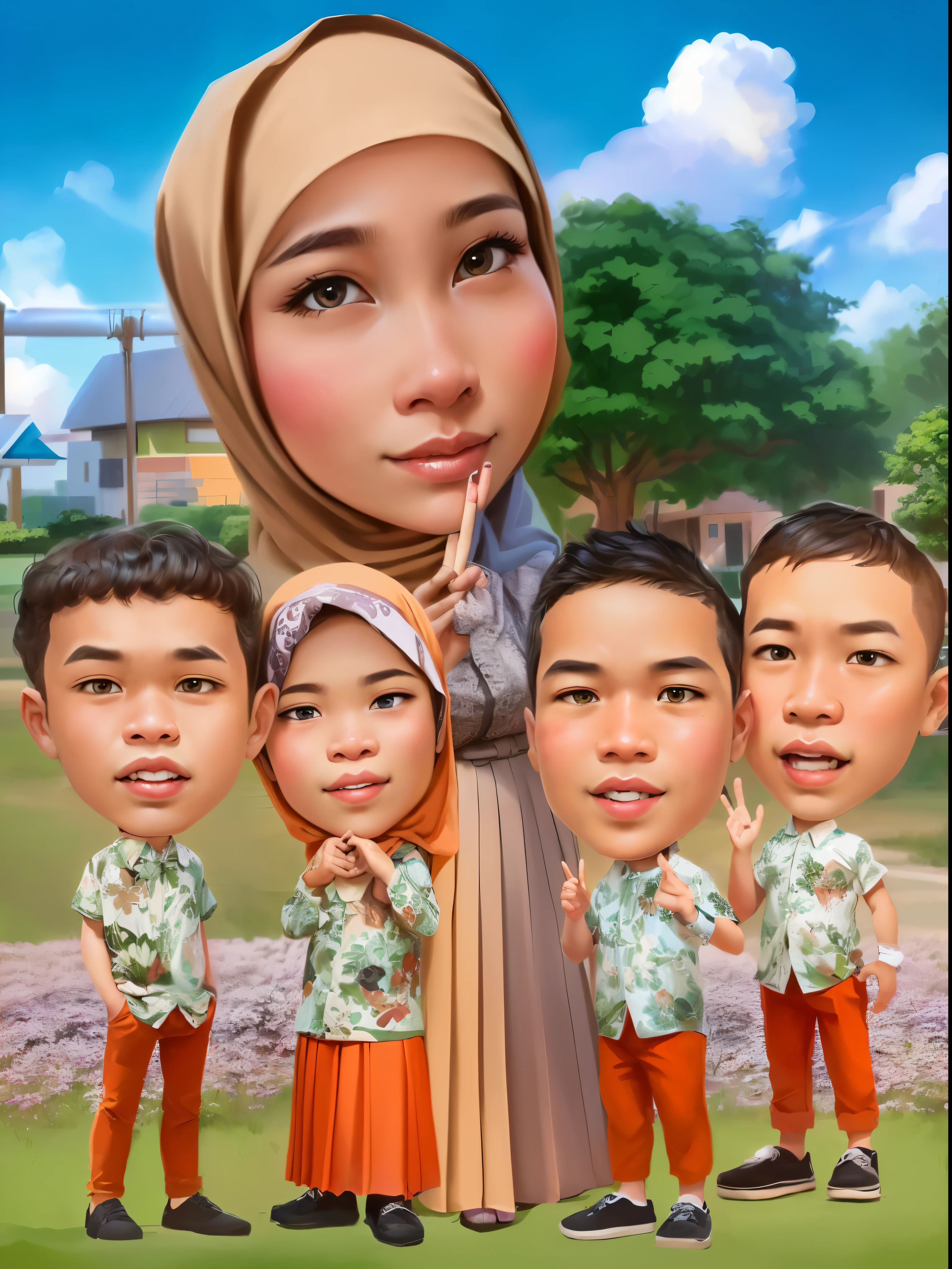cartoon of a family of four standing in front of a playground, Woman wearing hijab,And wear a long skirt, caricature illustration, in cartoon style, caricature style, digital art cartoon, potrait, cartoon digital art, cartoon digital painting, cartoon portrait, realism artstyle, realistic cartoon, cartoon artstyle, an indonesian family portrait, charicature, cartoon art, cartoon style illustration, children, by Abidin Dino