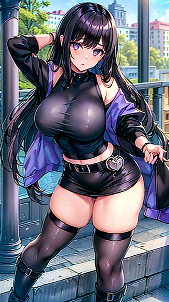 1990s, (masterpiece), high-definition, detailed face, cute girl, perfect body, (big tits: 1.4) big hips, round ass, (black hair with dark purple highlights: 1.4), (tight grey t-shirt: 1.4), (black jacket: 1.4), (purple tight skirt: 1.3), belt, (black thong: 1.2), thigh high stockings, boots, fishnet, pin-up pose, balcony