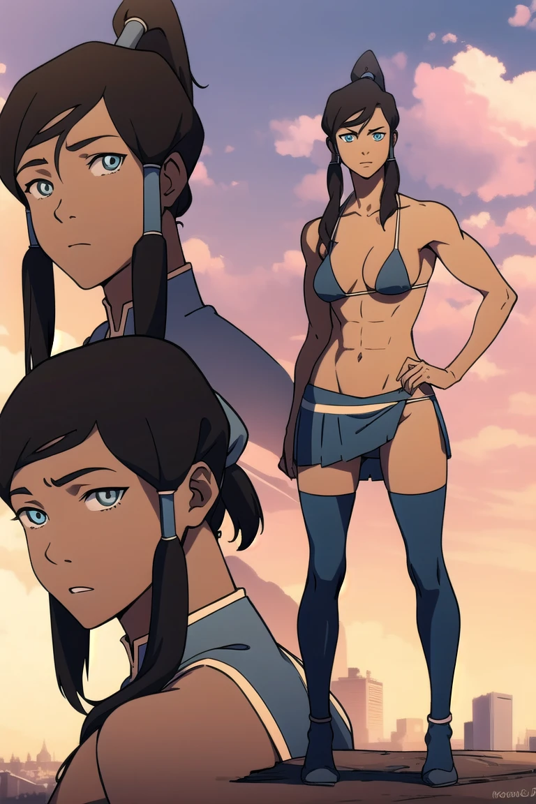 avatarkorra, korra, long hair, black hair, ponytail, dark skin, dark-skinned female, topknot, BREAK , BREAK looking at viewer, BREAK outdoors, BREAK (masterpiece:1.2), best quality, high resolution, unity 8k wallpaper, (illustration:0.8), (beautiful detailed eyes:1.6), extremely detailed face, , (perfect hands, perfect anatomy), in full growth,the city in the background,(micro skirt,bottom view:1.4),(micro bikini, medium tits,thongs,stockings:1.2),heels, muscular,egs spread