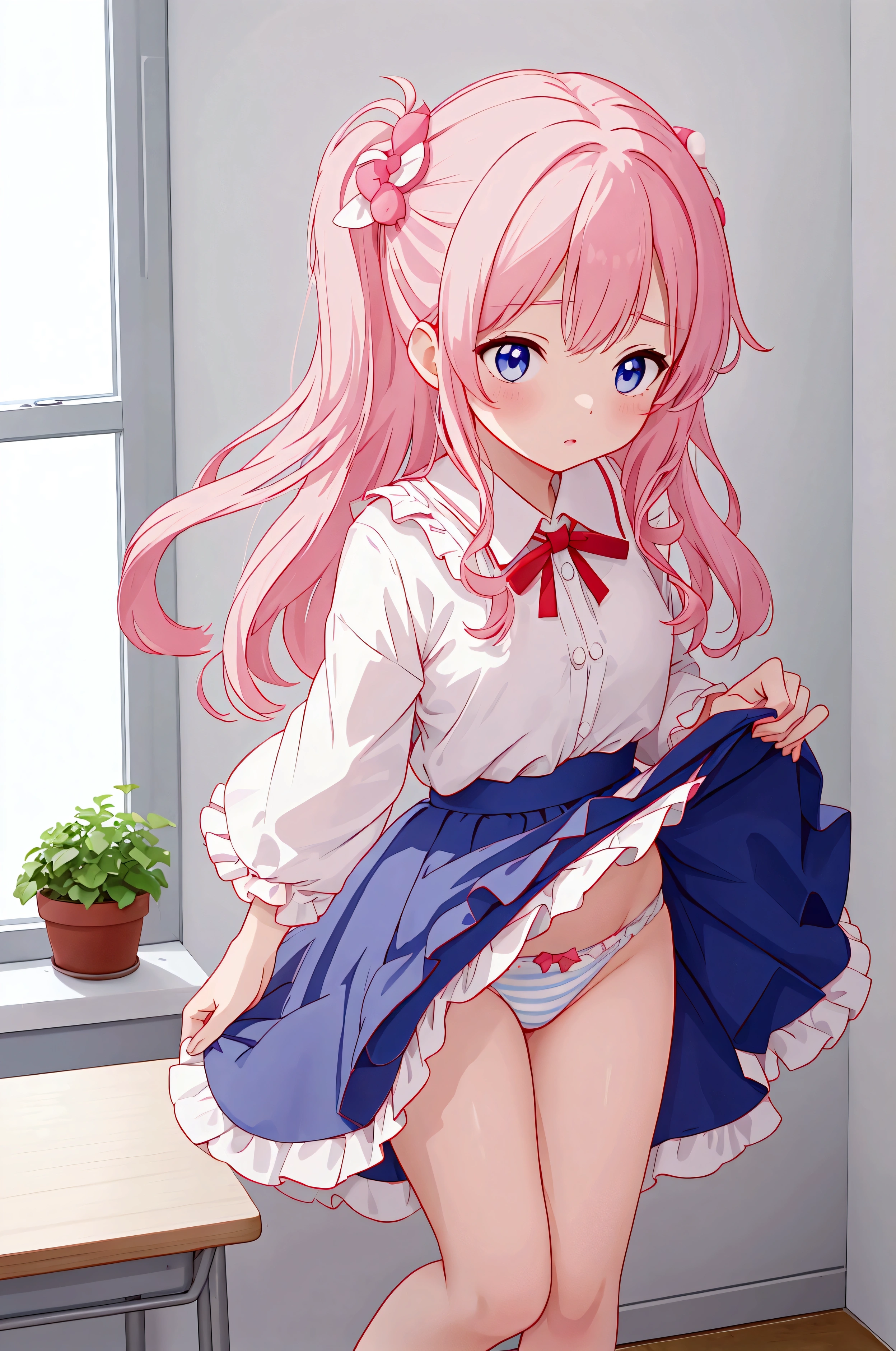 Magical girls of three different heights holding magic wands、Plain white with emphasis on the chestTshirt、You can see the chest from the neck、Ultramarine and white striped mini skirt、When you lift up her skirt you can see her cute pink frilly underwear..、Fluffy, White frilly flared skirt、When she lifted her skirt, She found some cute red frilly underwear、barefoot、classroom、