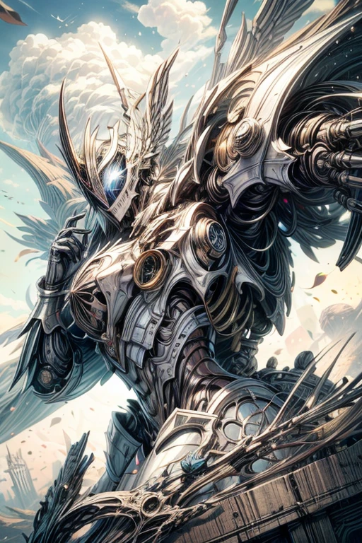 Male decopunk angel colossus with full body and beautifully stylish mechanical angel armor, casco integral con visera de caballero de acero blanco integral, ojos brillantes y vibrantes, The armor is pure white with pale gold details., The armor is gorgeously engraved with art deco patterns flowing down the arms, el pecho y las piernas., beautifully designed and widely spread white mechanical angel wings, cara cubierta, Face hidden behind the elegant and beautiful visor of the decopunk knight helmet, Retrato de la parte superior del cuerpo, estilo de arte animado