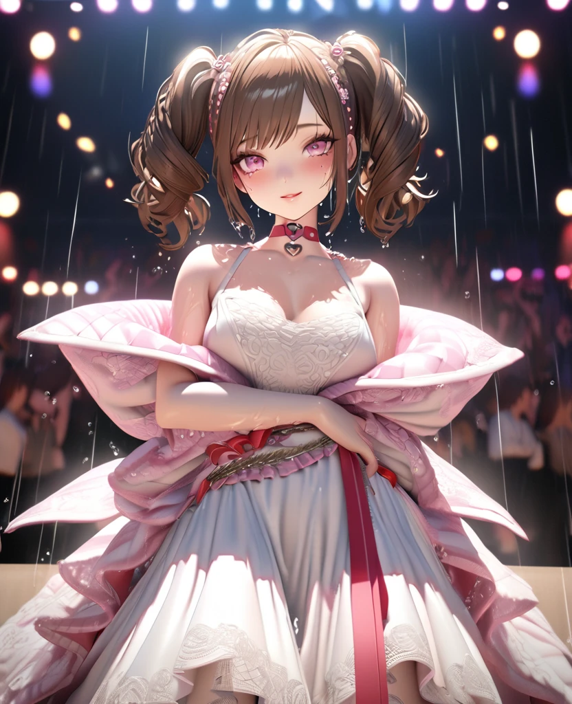 one girl, staring at the audience, beautiful pink eyes, brown hair in short twin tails, mole under eye, plump glossy lips, heart shaped choker, idol, her name is Mei, smiling, . . . 3D, realistic, idol's costume was drenched in heavy rain, her chest was wet and see-through, heavy rain at outdoor concert, draped clothes, jewelry and decorations removed, floral patterns, lace trim, glittering on stage, masterpiece, best quality, 8k, detailed skin texture, detailed fabric texture, beautifully detailed face, intricate details, highly detailed, ultra high resolution, 8k Ultra HD, film grain, best shadows, delicate, staring at the audience, front