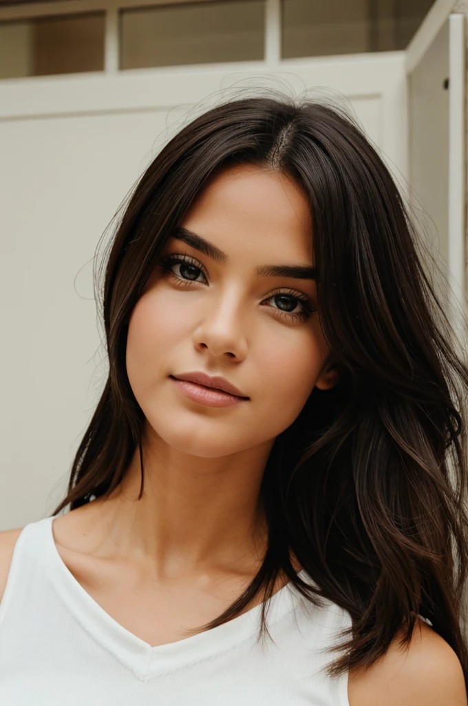a magnificent young woman in her twenties, with Latino features. She has long, straight black hair that falls loosely over her shoulders. Her face has soft and balanced contours. She has large, well-defined dark brown eyes with long, thick eyelashes and well-arched black eyebrows. His nose is straight and slightly refined, proportionate to his face. Her lips are full and defined, with a natural color, and they are closed, contributing to her neutral expression. Her skin is matte, smooth and without visible imperfections. She is wearing a black t-shirt. She holds a small credit card clearly visible in her right hand. She takes a selfie with her left hand