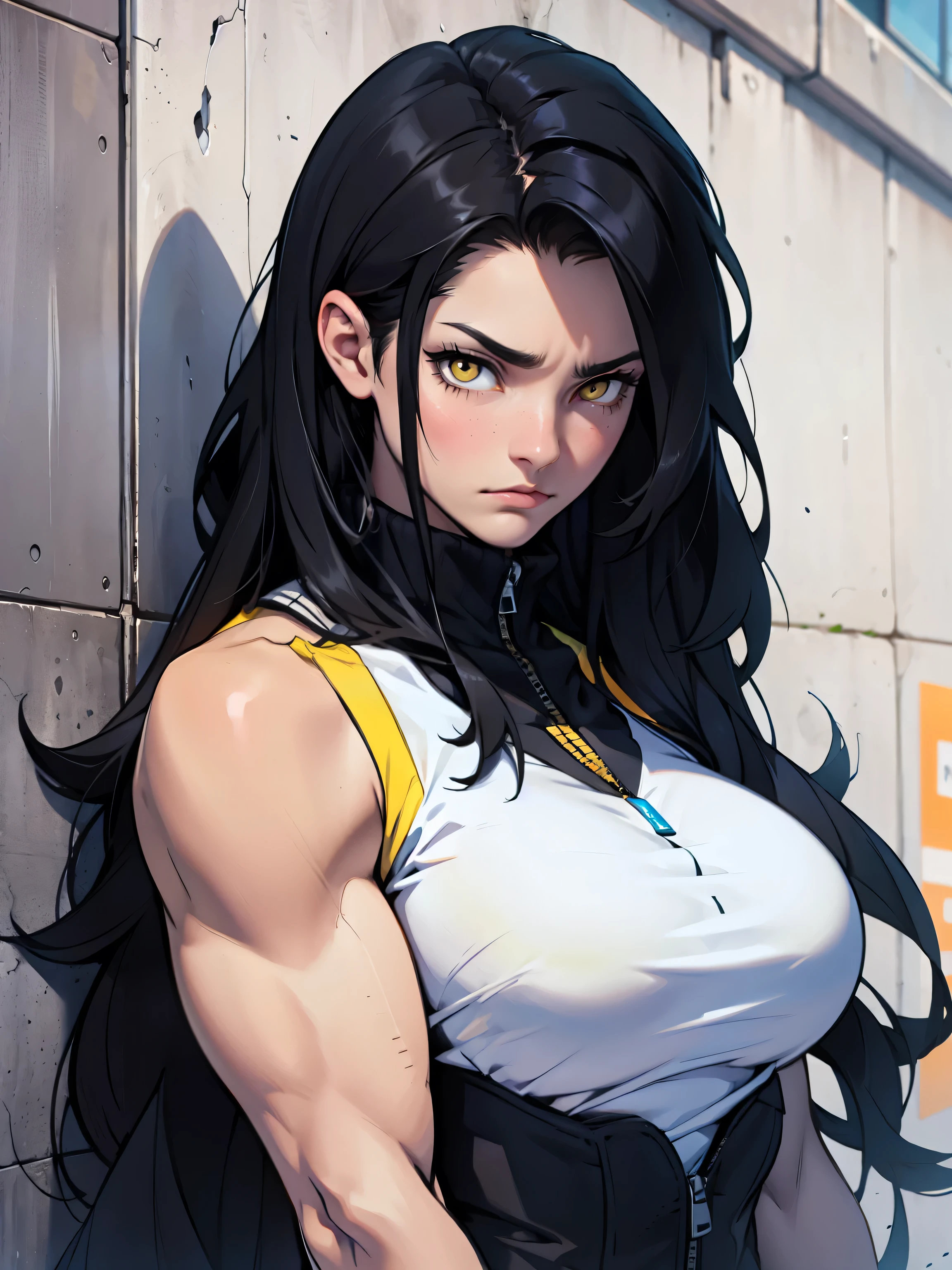 sad pale muscular girl breasts hair black hair yellow eyes extremely long hair sad