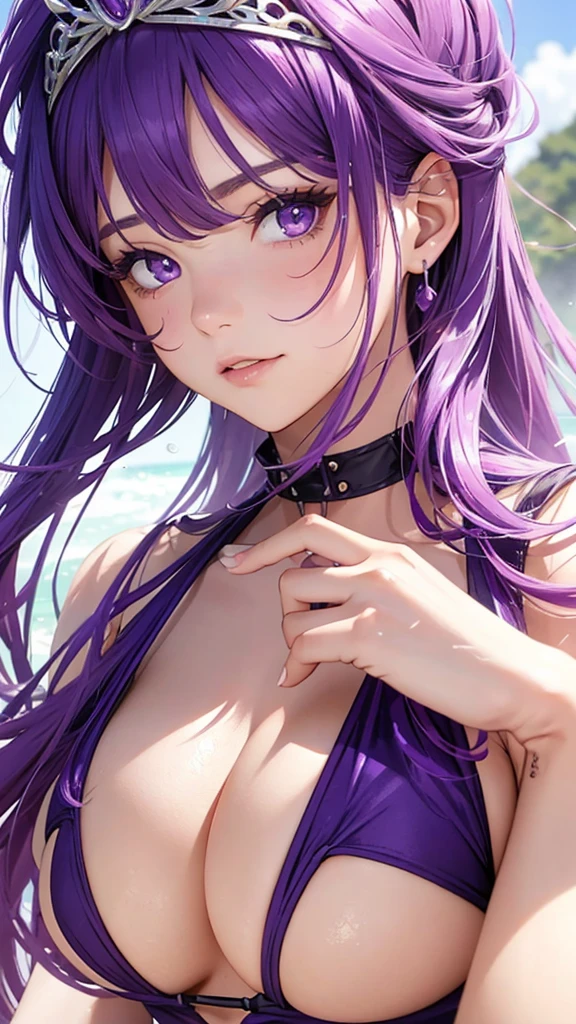 A girl wearing a purple high-cut swimsuit, Purple Hair、Purple Eyes、Bangs、tiara, scenery, Sexy expression, ((Very detailed)), (Perfectly detailed face), (Detailed and well-drawn hand) Photorealistic images.