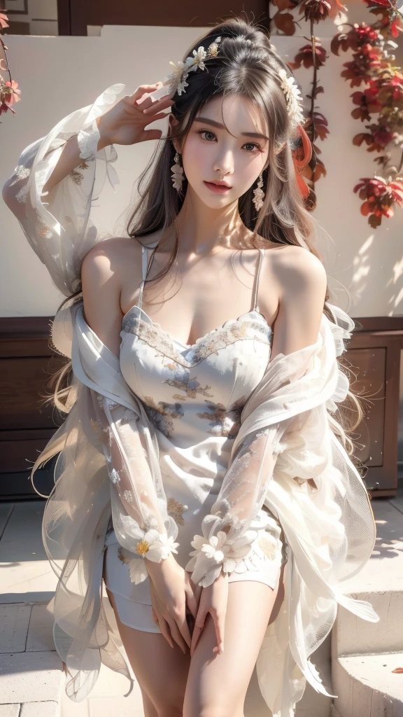 ((Bare shoulders)), ((Shot in the knee)), ((Standing and walking)), ((Elegant and charming gesture)), ((Close-up shot)), Photo of woman with flowers in hair, Portrait of Du Qiong, CG Trends, Reality, Beautiful Chinese model, Traditional Beauty, Chinese Girl, CGSTATION Trends, Hot topics on cgstation, Chinese, palace , cute and exquisite face, beautiful girl, A beautiful young womatomically correct