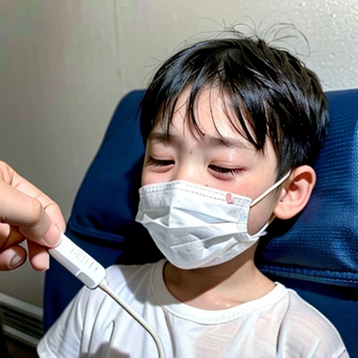 Handsome kindergarten boy with infectious disease、Appearance of suffering. He is wearing a white mask. He has a high fever. he is sleeping. He has a cough. He is exhausted. He is taking his temperature with a thermometer. He is dying. He is cooling his forehead with a cooling gel sheet..Are crying