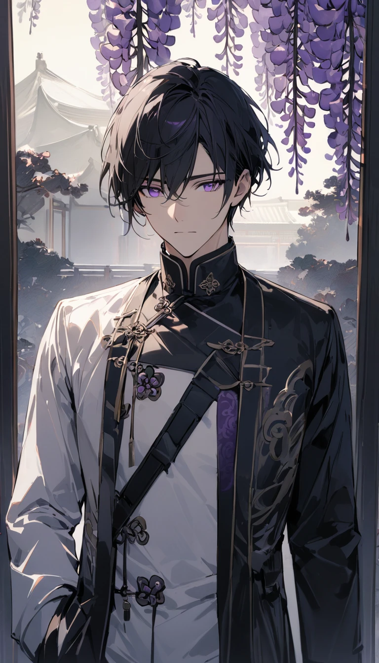 (masterpiece:1.5)，best quality，(1 Handsome and calm man)，alone，black short hair，(purple eyes), (soft expression)，perfect face，Fantasy Chinese style，Long black trench coat，white and purple cloth，Complex clothing design with Chinese elements，Black leather gloves，white lining，White suit pants，Slightly muscular body，High，8K，Beautiful contrast of light and shadow，purple flowers，Wisteria flowers，(complete upper body)，Positive face，((luxury screen))，Chinese style palace background
