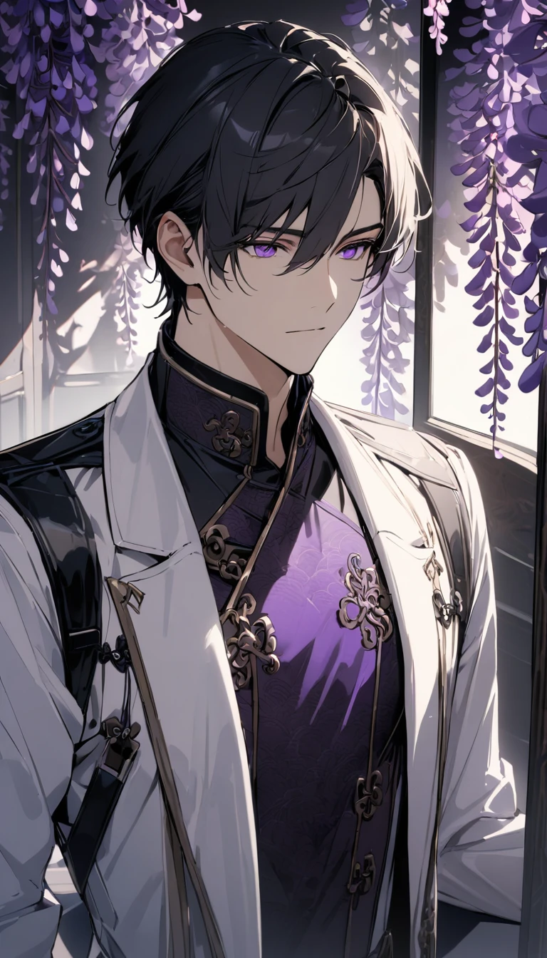 (masterpiece, best quality:1.2), 1male, solo, jiang cheng, mo dao zu shi, mdzs, purple and black clothes, purple eyes, long black hair, perfect anatomy