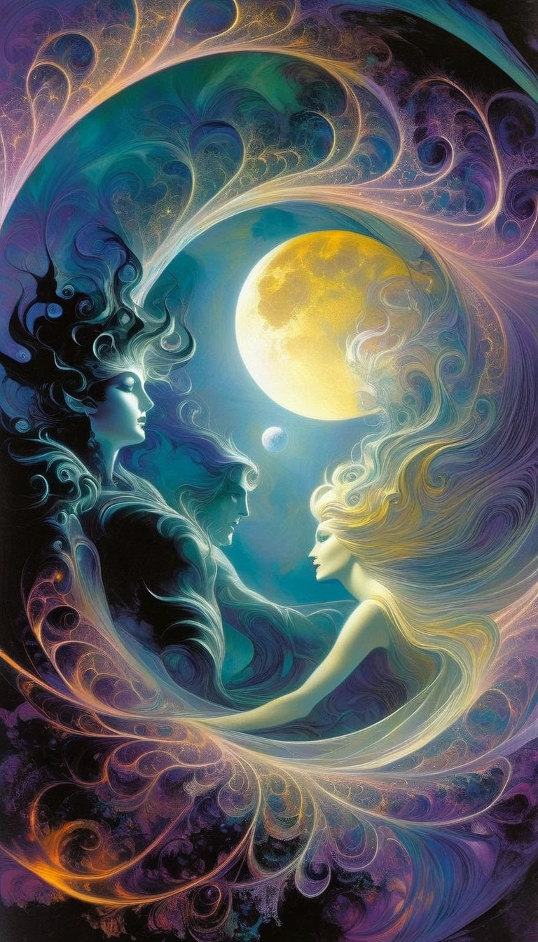 the famous love affair between Goddess of the moon Selene and mortal Endymion, fractal art, (art inspired by Bill Sienkiewicz). oil painting)
