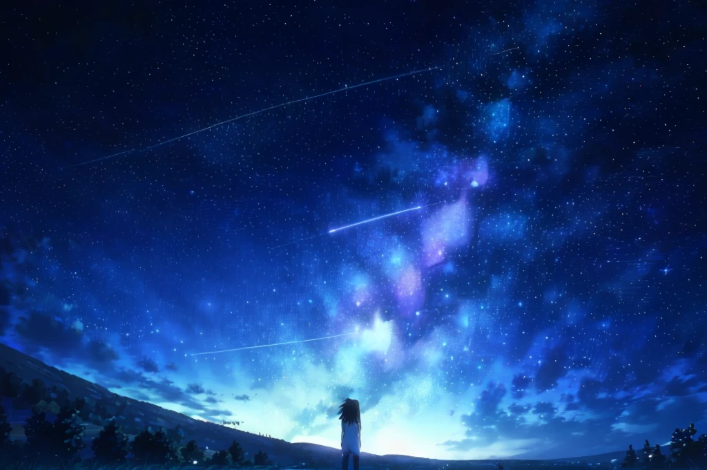 starry night sky with a person standing on a hill looking at the stars, cosmic skies. by makoto shinkai, star(sky) starry_sky, anime movie background, 4k anime wallpaper, starry sky 8 k, beautiful wallpaper, starry sky, amazing wallpaper, anime wallpaper 4k, anime wallpaper 4 k, makoto shinkai!