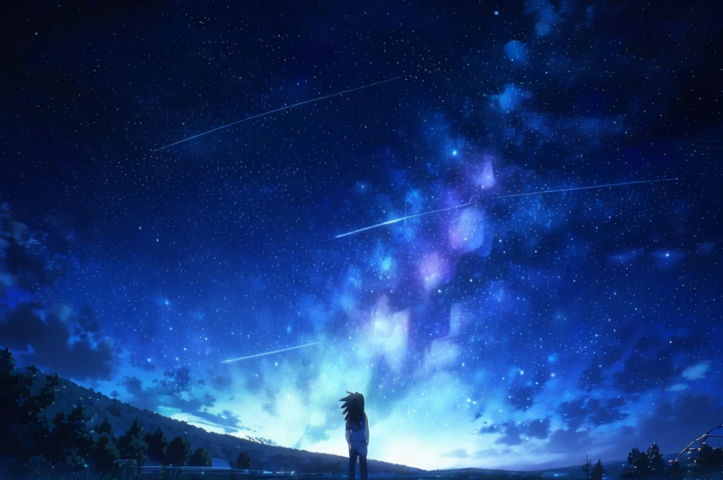 starry night sky with a person standing on a hill looking at the stars, cosmic skies. by makoto shinkai, star(sky) starry_sky, anime movie background, 4k anime wallpaper, starry sky 8 k, beautiful wallpaper, starry sky, amazing wallpaper, anime wallpaper 4k, anime wallpaper 4 k, makoto shinkai!
