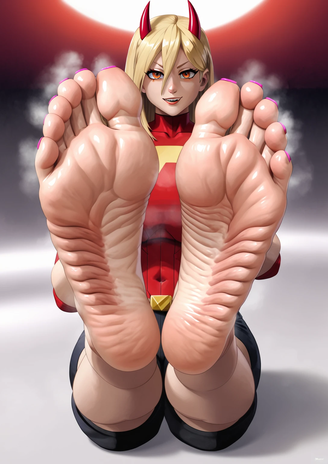 Power from Chainsawman, detailed feet, foot fetish, soles, toes, pink toesnail, beautiful face, wrinkled soles, stinky feet, stink steam, intense orange eyes, ;) ,red horns. Masterpiece, 4k, ultra detailed soles, ultra detailed face, beautiful hair, two feet, fives toes. hell background, dark red light
