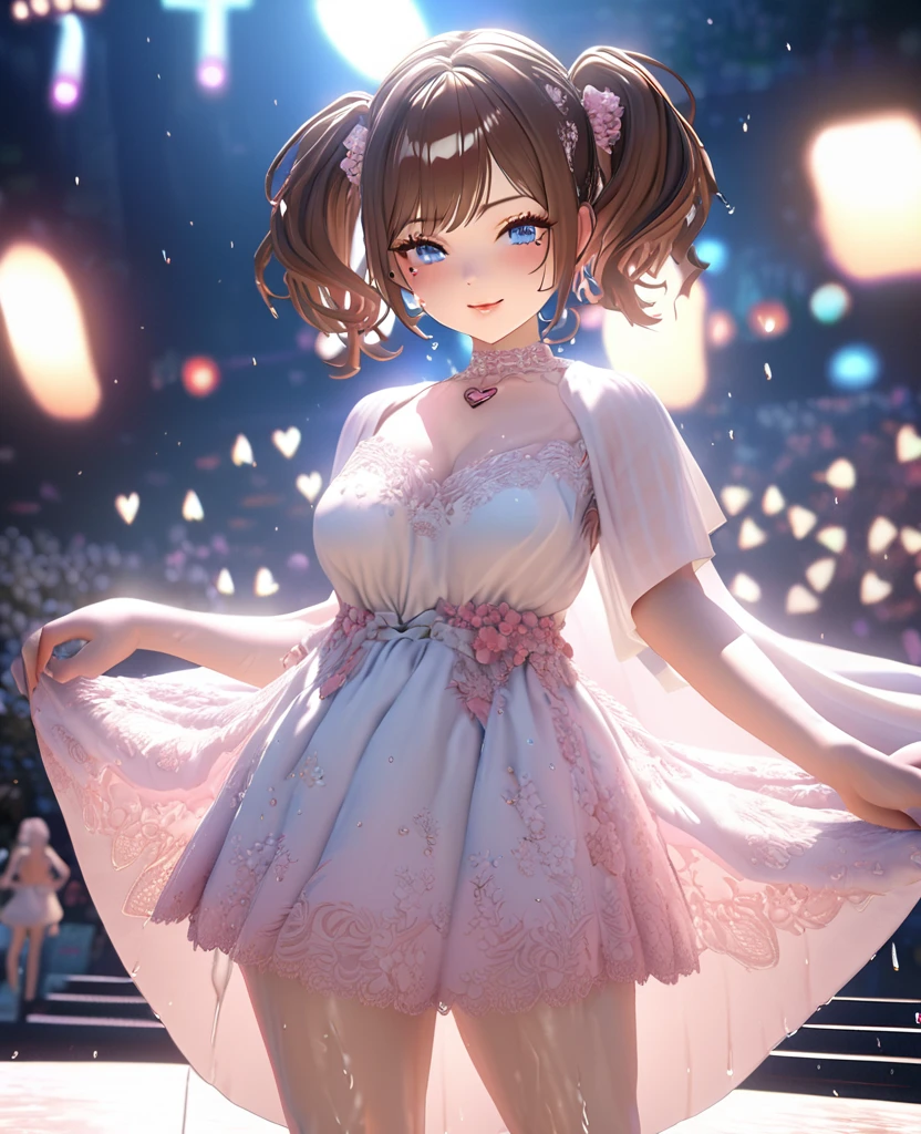 one girl, staring at the audience, beautiful blue eyes, brown hair in short twin tails, mole under eye, plump glossy lips, heart shaped choker, idol, her name is Mei, smiling, . . . 3D, realistic, idol's costume was drenched in heavy rain, her chest was wet and see-through, heavy rain at outdoor concert, draped clothes, jewelry and decorations removed, floral patterns, lace trim, glittering on stage, masterpiece, best quality, 8k, detailed skin texture, detailed fabric texture, beautifully detailed face, intricate details, highly detailed, ultra high resolution, 8k Ultra HD, film grain, best shadows, delicate, staring at the audience, front