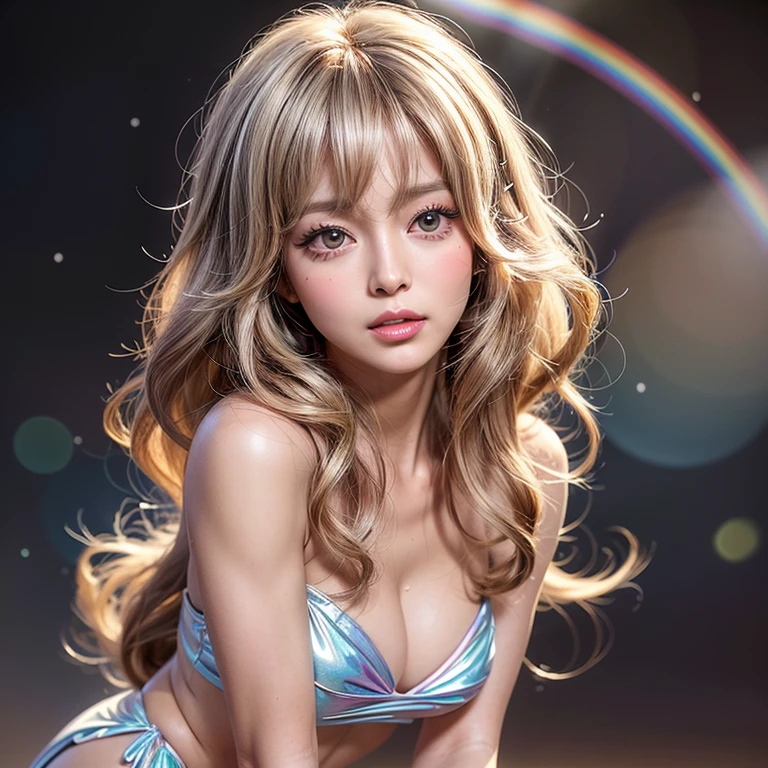 NSFW, 8k, High-level, absurd, masterpiece, best quality, primitive, very detailed CG, very detailed wallpaper, perfect lighting, Extremely detailed ((( personifying " Farrah Fawcett Majors " as a Little Girl))), MysticSight, Tyndall effect, Tyndall scattering, (Studio gray background with (Overflowing oodles Dazzling RainbowColorParticles (BokeH))), (RoundlyButts, ThighGap), (Exposed:0.4), (Assfocus with looking ahead) BREAK  (Acutance:0.88), (NOGIZAKA face variations) Extremely Detailed very KAWAII face variations, perfect anatomy, Childish, CaptivatingGaze ElaboratePupils detailed Eyes with (sparkling highlights:1.28), (Voluminous LongEyelashes、GlossyRED Lips with beautiful details, RosyCheeks, Radiant PearlSkin with Transparency . { (Dynamic LifeLike expressions:1.4) | :d) }, (large eyes:-1) .