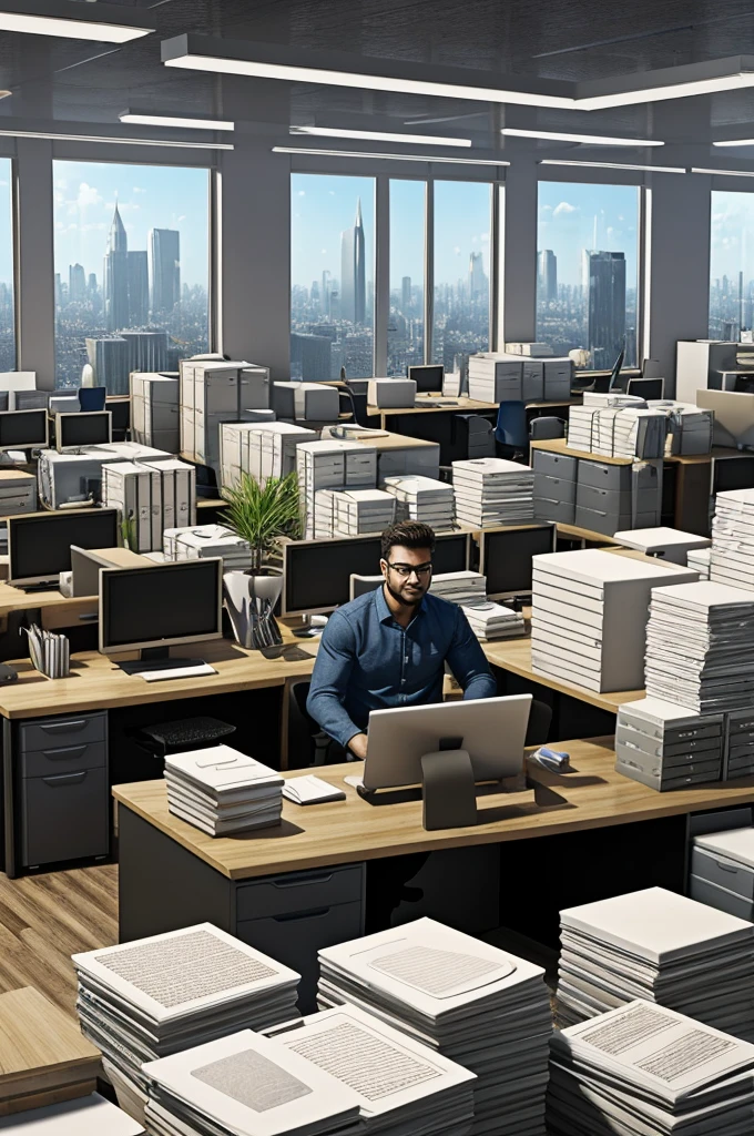 A 3D scene of an overwhelmed entrepreneur sitting at a cluttered desk, surrounded by stacks of papers and multiple computer screens.