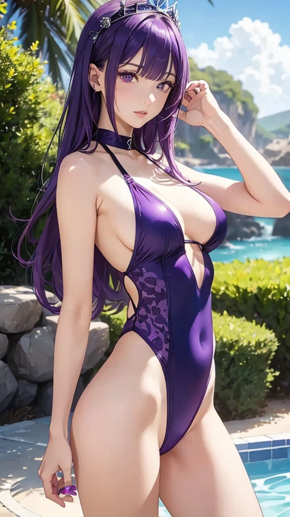 A girl wearing a purple high-cut swimsuit, Purple Hair、Purple Eyes、Bangs、tiara, scenery, Sexy expression, ((Very detailed)), (Perfectly detailed face), (Detailed and well-drawn hand) Photorealistic images.