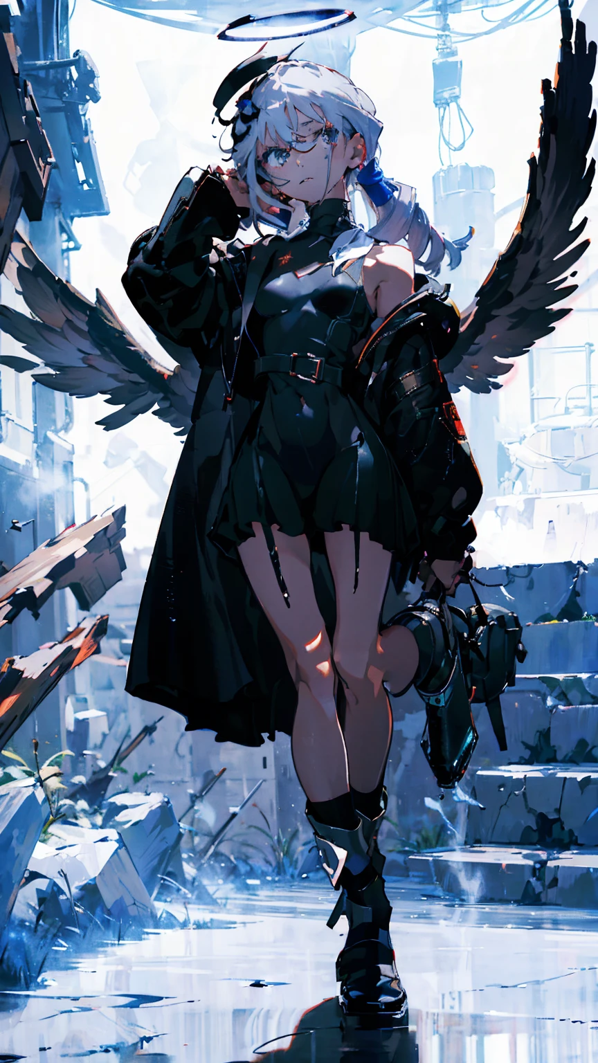 (woman\(A crumbling angel halo is on my head, 18-year-old, Long white hair, Grey Eyes, She is wearing a black dress, White skin, Sad expression、Wings growing from the hips,Standing still。,An ennui look\) Gazing somewhere far away), (Smoke is coming out of the body), Beautiful grey sky, Dark atmosphere, A desaturated world shrouded in mist, (Pale-white smoke containing stars fills the air.), There is a fantastically shining moon and white stars in the sky, The background is a fantastical space painted black with acrylic gouache., break ,quality\(8k,非常に精細なCGユニットのwallpaper, masterpiece,High resolution,top-quality,top-quality real texture skin,Surreal,Increase the resolution,RAW Photos,最高quality,Very detailed,wallpaper,Cinema Lighting,Ray-tracing,Golden Ratio\),Long Shot,Overall, it looks ephemeral.,The depiction range is from the waist up,Dark night sky,qualityの高い顔の描写,High-resolution facial depiction