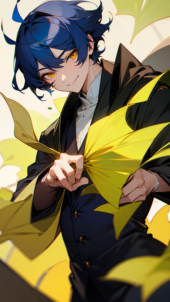 1man,dark blue hair,best quality,masterpiece,extremley,yellow eyes,male focus,beautiful eyes, make a head hands, wink, smile, ginkgo leaves in background.