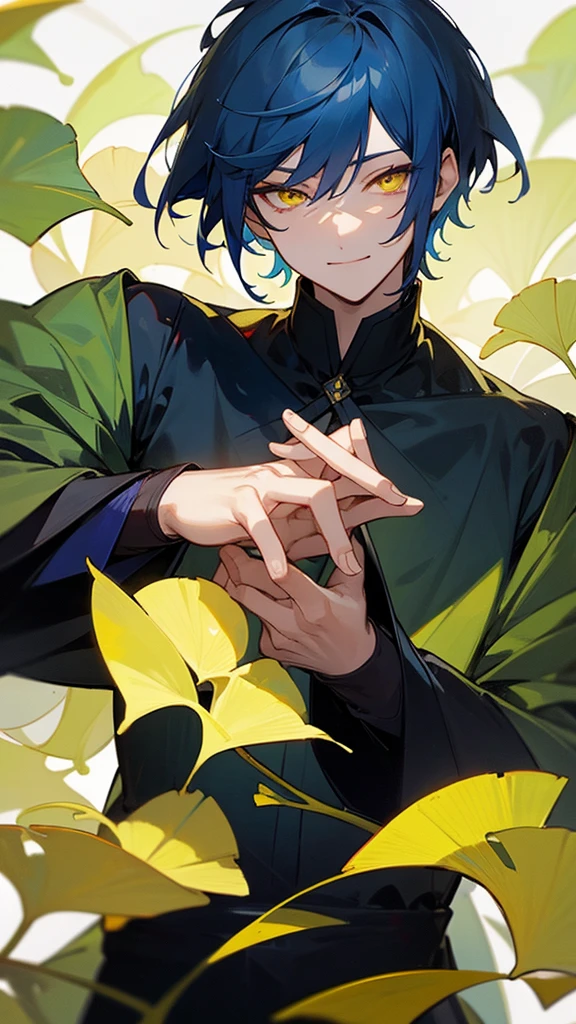 1man,dark blue hair,best quality,masterpiece,extremley,yellow eyes,male focus,beautiful eyes, make a head hands, wink, smile, ginkgo leaves in background.