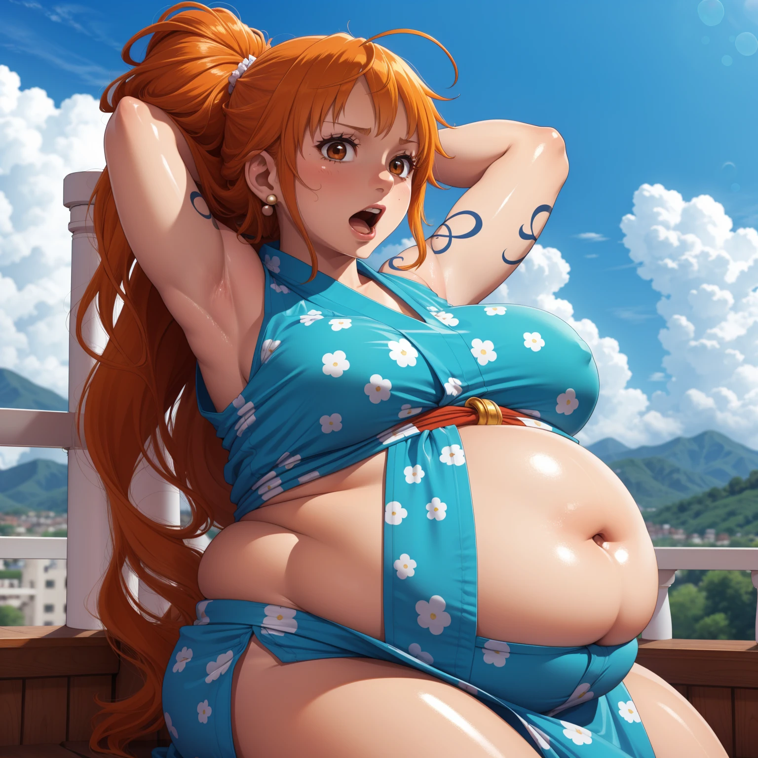 2d, masterpiece, best quality, anime, highly detailed face, highly detailed background, perfect lighting, wano, nami, 1girl, solo, long hair, jewelry, sash, japanese clothes, obi, orange hair, kimono, bow, light blue kimono, flower, flower print, earrings, looking at viewer, sleeveless kimono, ahoge, ribbon, hair bow, sky, day, bracelet, sleeveless, ;\), blue bow, outdoors, breasts, cloud, ponytail, blue sky, brown eyes, orange eyes, left shoulder tattoo, bare shoulders, very long hair, sidelocks, bangs, collarbone, upper body, left arm tattoo, bare arms, official alternate costume, blurry, hand gesture, alternate costume, medium breasts, blurry background, large breasts, eyelashes, mountain, parody, cloudy sky, sitting, shiny hair, bangle, wavy hair, ((big belly, massive belly, chubby, giant belly)), shocked, open mouth, (hands behind head:1.4), (solo:1.5)