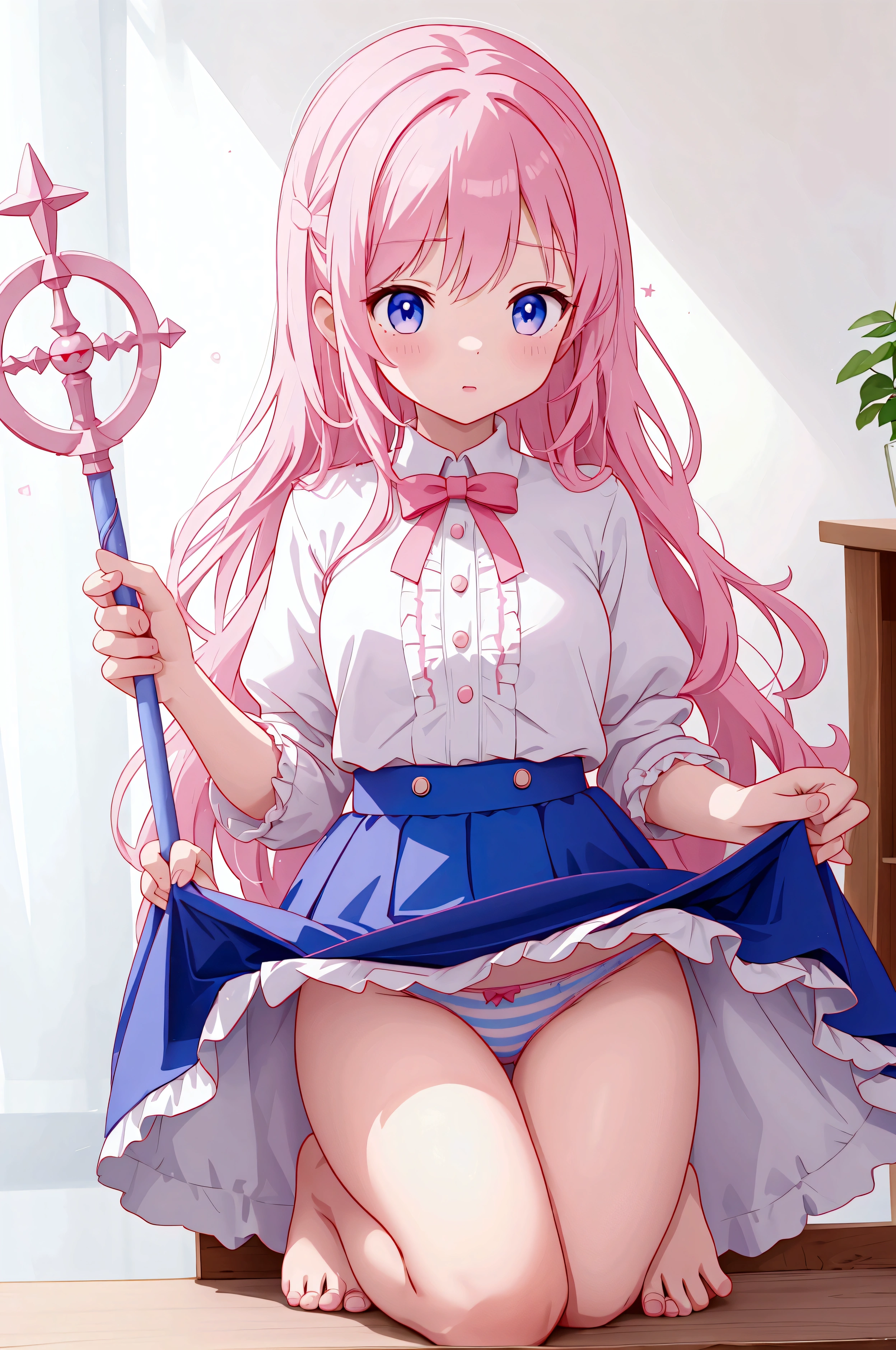 Magical girls of three different heights holding magic wands、Plain white with emphasis on the chestTshirt、You can see the chest from the neck、Ultramarine and white striped mini skirt、When you lift up her skirt you can see her cute pink frilly underwear..、Fluffy, White frilly flared skirt、When she lifted her skirt, She found some cute red frilly underwear、barefoot、classroom、