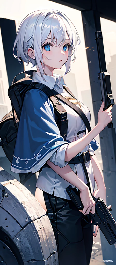 a beautiful young girl with medium-sized br easts, white hair, wearing a backpack,cinematic lighting, pho torealistic, extremely detailed, 8k, high resol ution, best quality, masterpiece，Holding a gun，Blue Eyes，Sci-fi style，Wear a cape