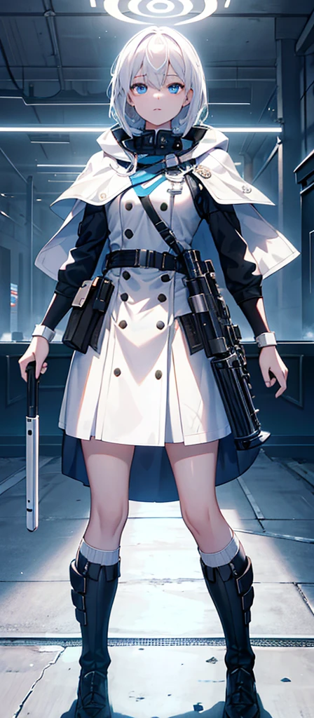 a beautiful young girl with medium-sized br easts, white hair, wearing a backpack,cinematic lighting, pho torealistic, extremely detailed, 8k, high resol ution, best quality, masterpiece，Holding a gun，Blue Eyes，Sci-fi style，Wear a cape