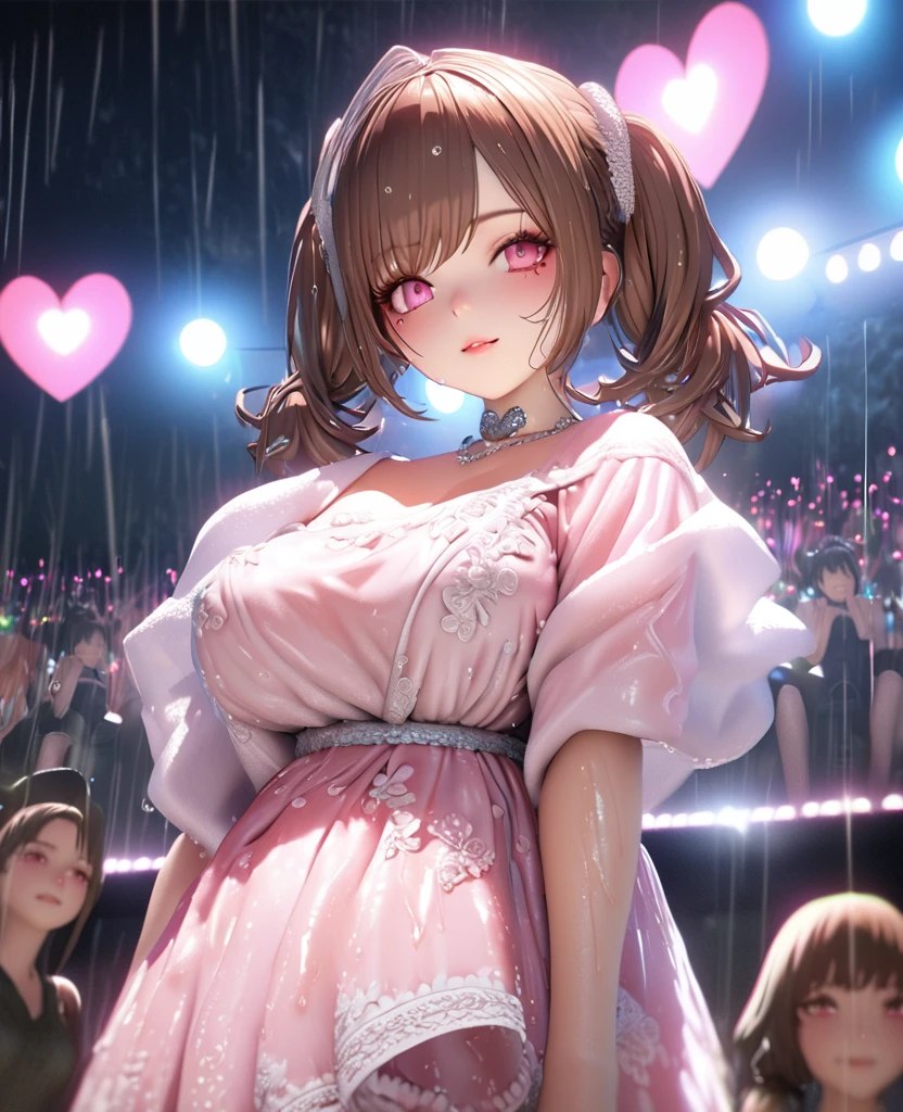 one girl, staring at the audience, beautiful pink eyes, brown hair in short twin tails, mole under eye, plump glossy lips, heart shaped choker, idol, her name is Mei, smiling, . . . 3D, realistic, idol's costume was drenched in heavy rain, her chest was wet and see-through, heavy rain at outdoor concert, draped clothes, jewelry and decorations removed, floral patterns, lace trim, glittering on stage, masterpiece, best quality, 8k, detailed skin texture, detailed fabric texture, beautifully detailed face, intricate details, highly detailed, ultra high resolution, 8k Ultra HD, film grain, best shadows, delicate, staring at the audience, front