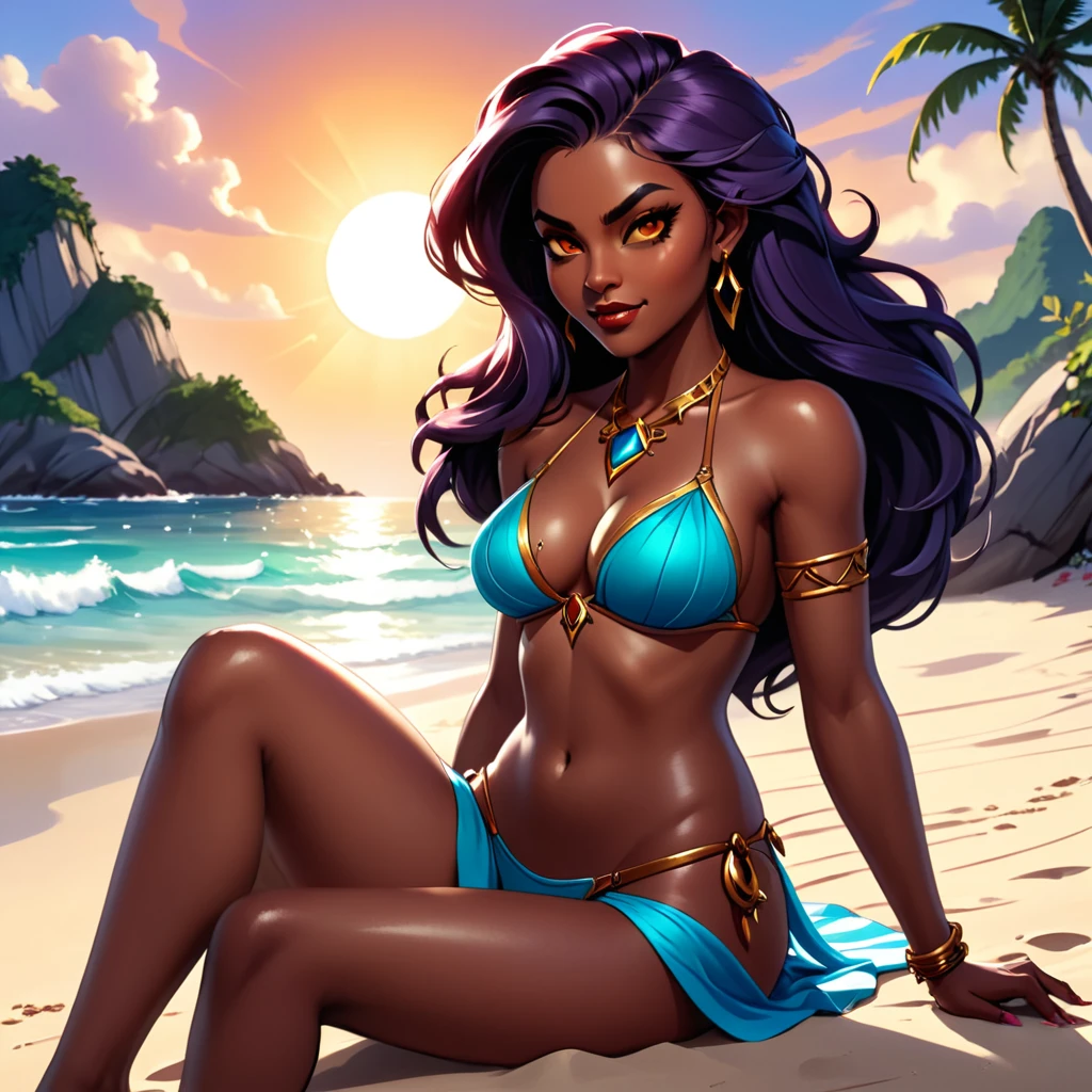 a dark-skinned woman in a bikini sitting on a beach, award-winning fantasy art, trending on artstattion, vampire queen, summer sunlight, streaming on twitch, shiva, hyperdetailed, official print inspired by Mark Brooks, Alex Horley, Kim Du-ryang