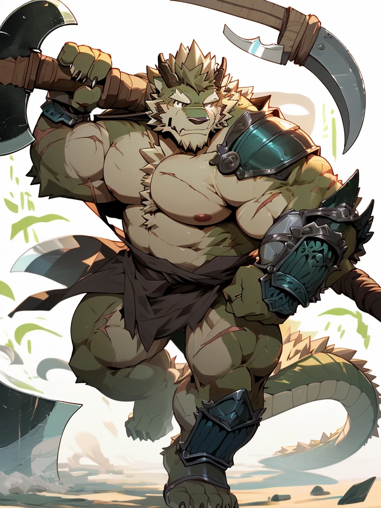 a furry eastern dragon, long whisker, green fur, bare chest, big chest, big build, warrior waist armor, sandal, ((eastern dragon), ((green dragon)), ((waist armor)), furry art, full body, mature, tall, daddy, muscular, rounded face, ((no coat)), ((berserker)), scar body, (scar), bare body, many scars on body, scar face, long beard, very muscular, beefy body, (((bare chest))), (((large pecs))), (((hold a great axe))), action pose