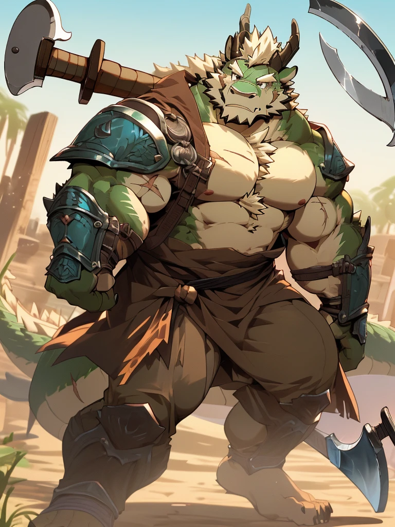 a furry eastern dragon, long whisker, green fur, bare chest, big chest, big build, warrior waist armor, sandal, ((eastern dragon), ((green dragon)), ((waist armor)), furry art, full body, mature, tall, daddy, muscular, rounded face, ((no coat)), ((berserker)), scar body, (scar), bare body, many scars on body, scar face, long beard, very muscular, beefy body, (((bare chest))), (((large pecs))), (((hold a great axe))), action pose