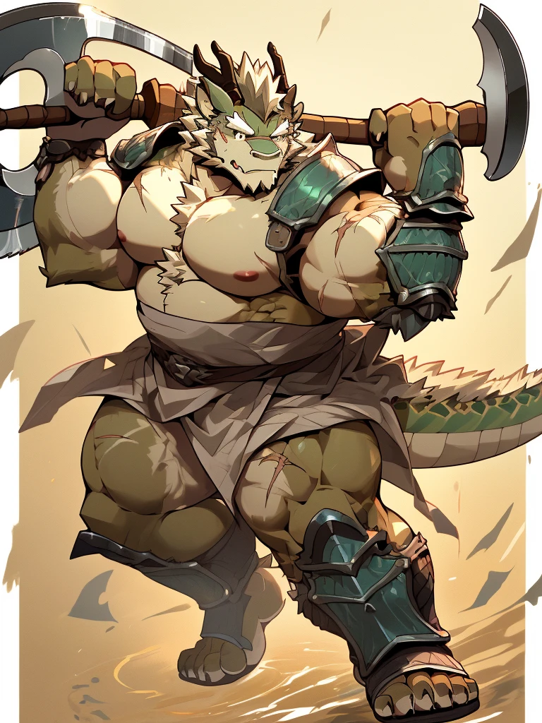 a furry eastern dragon, long whisker, green fur, bare chest, big chest, big build, warrior waist armor, sandal, ((eastern dragon), ((green dragon)), ((waist armor)), furry art, full body, mature, tall, daddy, muscular, rounded face, ((no coat)), ((berserker)), scar body, (scar), bare body, many scars on body, scar face, long beard, very muscular, beefy body, (((bare chest))), (((large pecs))), (((hold a great axe))), action pose